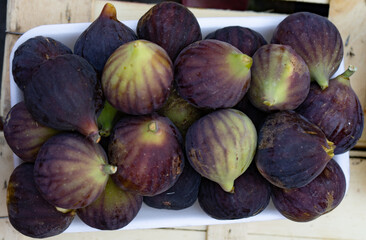 A close-up of fresh ripe figs neatly arranged on a white tray. The figs display a rich purple and greenish hue, with natural textures and a slightly wrinkled surface.