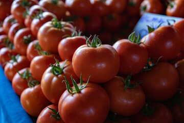A close-up view of fresh, ripe red tomatoes with green stems still attached. The vibrant color and smooth texture of the tomatoes create an appealing and natural composition. 