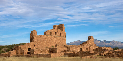Panorama of Abo church ruins at Salinas Pueblo Missions National Monument in New Mexico, with Manzano Mountains in background