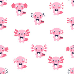 Doodle seamless pattern with axolotls. Perfect for T-shirt, textile and prints. Hand drawn vector illustration for decor and design.
