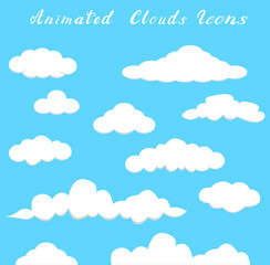 Set of flat animated cartoon clouds icons vector illustration.