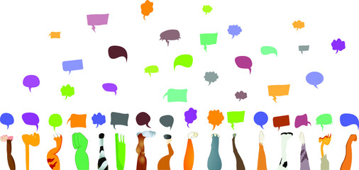 Group communication of jungle animals. Raised hands holding speech bubble. Racial equality. Animals diversity. Different culture Community. 