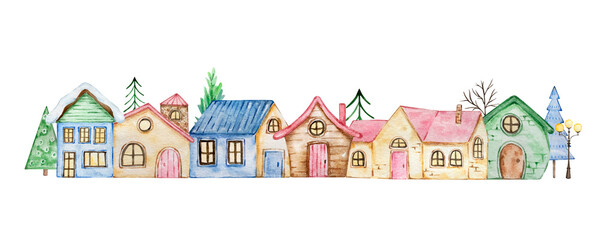 Watercolor christmas illustration with houses and christmas trees