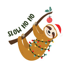 Cute cartoon sloth vector graphic design for Christmas holiday. Merry Christmas print. Adorable hand drawn sloth character on the tree branch in Santa Claus hat and wrapped in Christmas lights © Wink Images