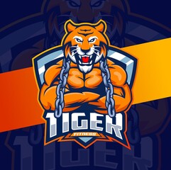 tiger strong fitness character mascot logo design for fitness bodybuilding game and sport logo