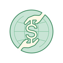 Giving and receiving hands merged with dollar sign on globe icon background as a gimmick of international financial transaction. Editable stroke. Vector illustration outline flat design style.