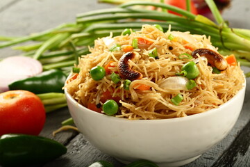 Indian vegetarian foods- homemade vermicelli, semiya upma.
