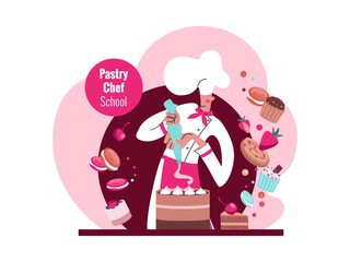 Pastry chef, sweets, pastries. A master class, Pastry Chef School, a chef decorates a confectionery product. Vector illustration.