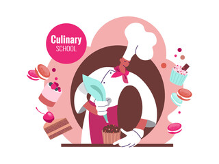 Pastry chef, sweets, pastries. A master class, a cooking school, a chef decorates a confectionery product. Vector illustration.