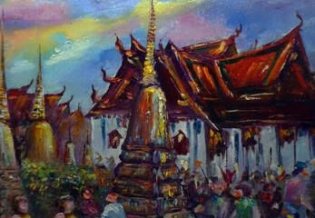Art painting Oil color temple ,  Chedis at Wat Pho Temple
