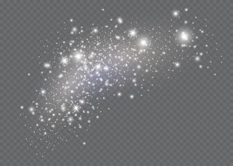 The dust sparks and golden stars shine with special light. Vector sparkles on a transparent background. Christmas light effect. Sparkling magical dust particles.