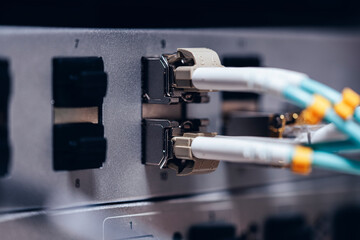 sfp transceivers and fiber optic cables closeup