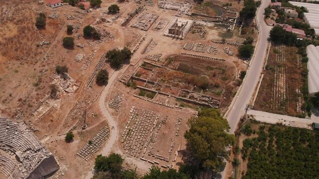 the ancient city of Letoon with an amphitheater and a ruined temple of the goddess Leto, Turkey.