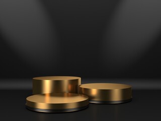Black stand podium on dark background. Realistic dark platform