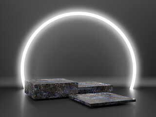 Black stand podium on dark background. Realistic dark platform