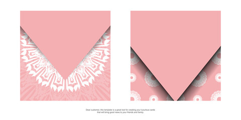 Greeting card in pink with antique white ornaments ready for printing.