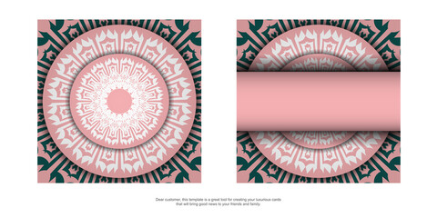 Greeting card pink color with mandala white pattern for your design.