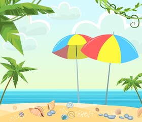 Sea beach. Summer seascape. Far away is the ocean horizon. Shells and sand. Sun umbrellas. Calm weather. Flat style illustration. Vector.