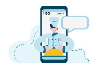 Ordering food at home or booking a table in a cafe online. Illustration of a chef in a mobile device for advertising a catering network. Instant delivery from 5G internet. Vector. Modern style