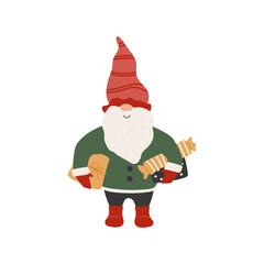Christmas gnome holding gift boxes.  Winter dwarf in red striped hat, green costume. Santa's helper. Cute fairy character for greeting cards, decoration, print. Vector illustration.