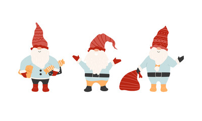 Christmas gnomes set with gifts and sack. Winter dwarfs in red hats, yellow and blue costumes. Happy characters for greeting cards, decoration.