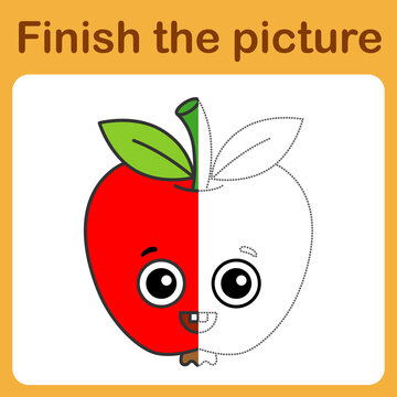 Connect the dot and complete the picture. Simple coloring funny apple. Drawing game for children.