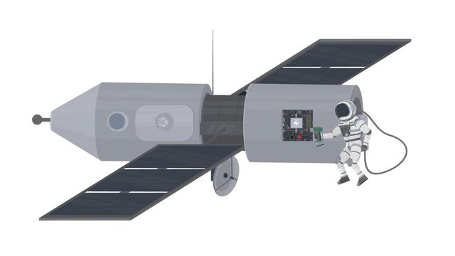 Astronaut repairs a space station. Animation of repair work, alpha channel