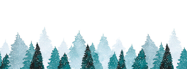 seamless watercolor border, frame with blue spruce and fir trees and snow. christmas print with winter forest
