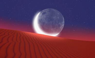 Fototapeta na wymiar Night sky with crescent moon in the clouds on the foreground hot desert (sand dune) 