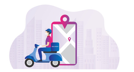 Delivery service concept, delivery man riding motorbike to delivery stuffs for customer with gps navigation on mobile location  