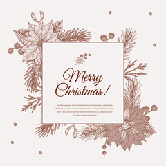 Obraz premium Hand drawn Merry Christmas and Happy New Year greeting card with poinsettia flowers. Vintage vector illustration