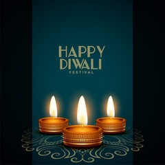 premium happy diwali festival card with realistic golden diya