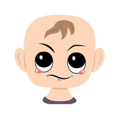 Child with emotions of suspicious, displeased face. Head of cute baby with annoyed expression