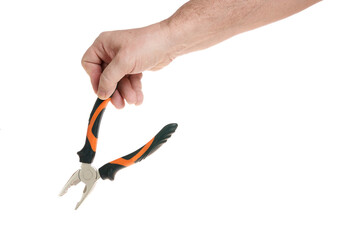 Hand holds pliers on a white background, a template for designers.