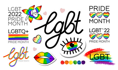 big Set of LGBT Pride Month 2022. logos, icons, stickers and inscriptions with symbols of the LGBTQ+ community. vector symbols of support LGBT. isolated by layers on white for any design.