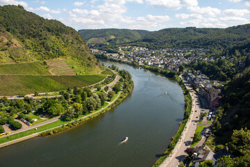 Overhead landscape and river view of the European city of Cochem, Germany on a sunny day
