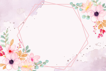 Cute pink floral frame background with watercolor