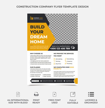 professional construction site flyer template design with an image placement, professional and eye catchy design. black and yellow color used in the template, well organized template. vector a4 size
