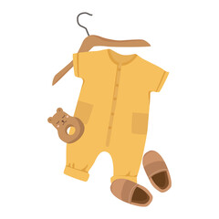 Vector nursery bodysuit. Kids clipart for baby shower invitation card, poster. Kids yellow romper with shoes and bear rattle in autumn style
