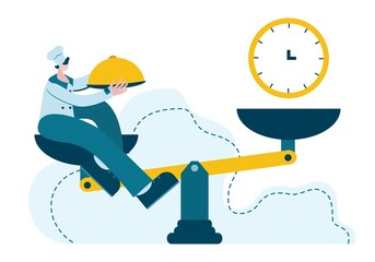 Fast Cooking. Chef vs. Time. Comic illustration of a chef sitting on a scale with a clock. Instant home food delivery.  The concept of fast customer service in a chain of restaurants and cafes.