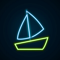 Glowing neon line Yacht sailboat or sailing ship icon isolated on black background. Sail boat marine cruise travel. Colorful outline concept. Vector