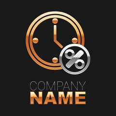Obraz premium Line Clock and percent discount icon isolated on black background. Colorful outline concept. Vector
