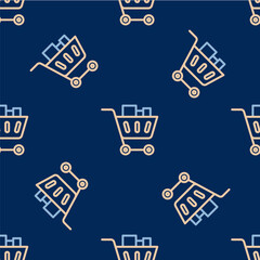 Line Shopping cart and food icon isolated seamless pattern on blue background. Food store, supermarket. Vector