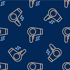 Line Hair dryer icon isolated seamless pattern on blue background. Hairdryer sign. Hair drying symbol. Blowing hot air. Vector