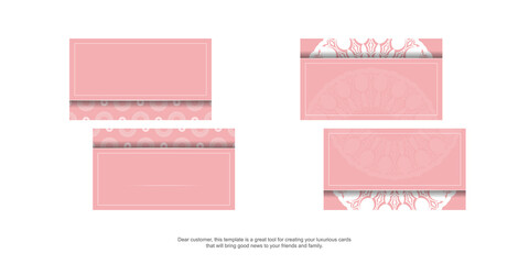 Pink business card with Greek white ornaments for your brand.