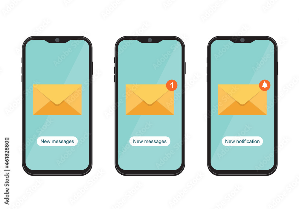 Poster a set of mobile phones with notifications. new incoming message on the smartphone screen. unread ema