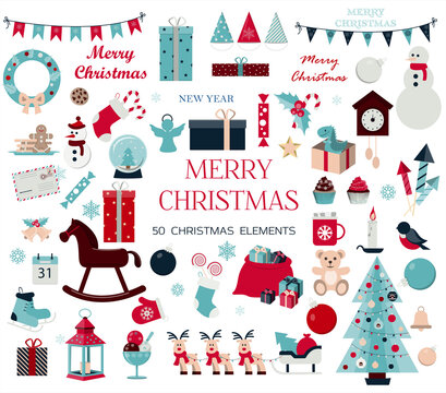 Huge set of Christmas icons and elements. Fifty Christmas images for decorating cards, ads, banners, flyers, and invitations. Cute illustrations in flat design for Christmas eve and new year