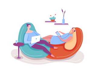 People using laptop and tablet sitting in chair. Illustration of internet technology for job freelance, watching video in armchair, communication worker online vector