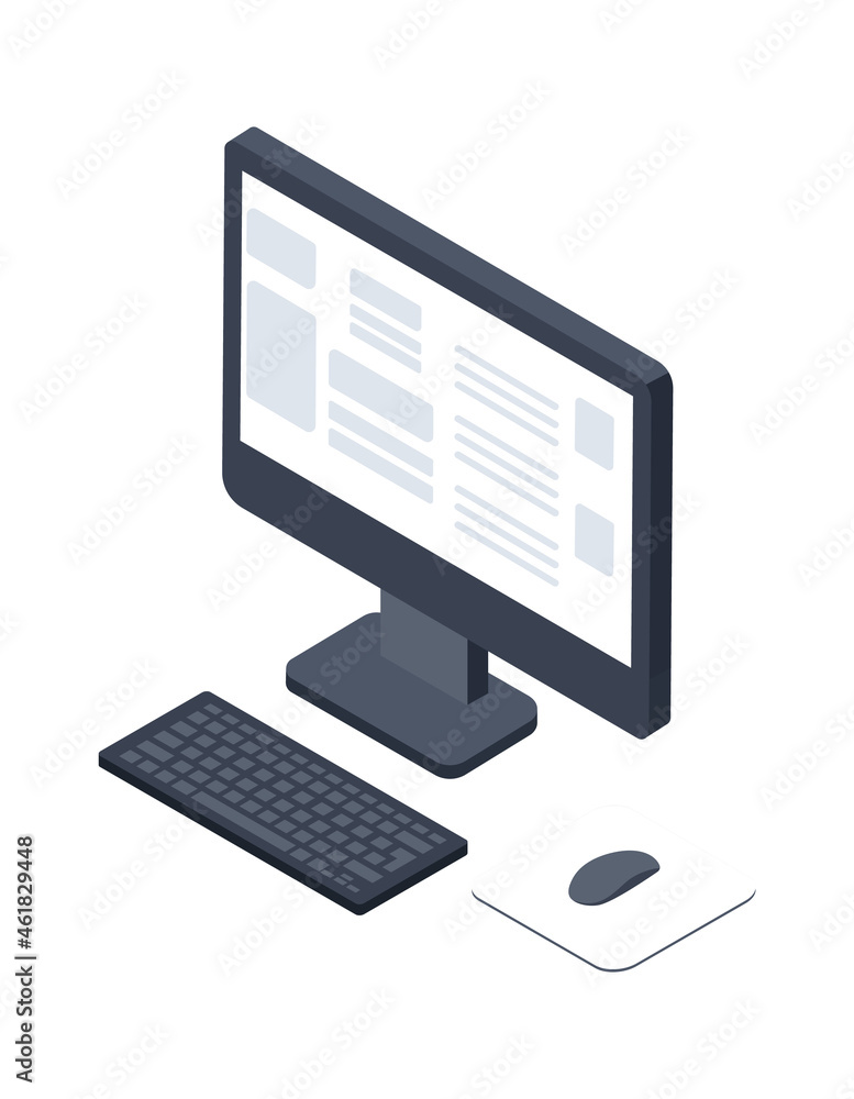 Poster desktop with monitor keyboard and mouse, 3d isometric. vector computer desktop with screen, pc illus