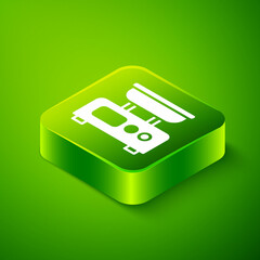 Isometric Electronic scales icon isolated on green background. Weight measure equipment. Green square button. Vector